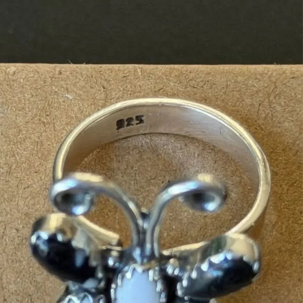 🦋 White Buffalo Sterling Silver Butterfly Ring — Adjustable 7–8.5